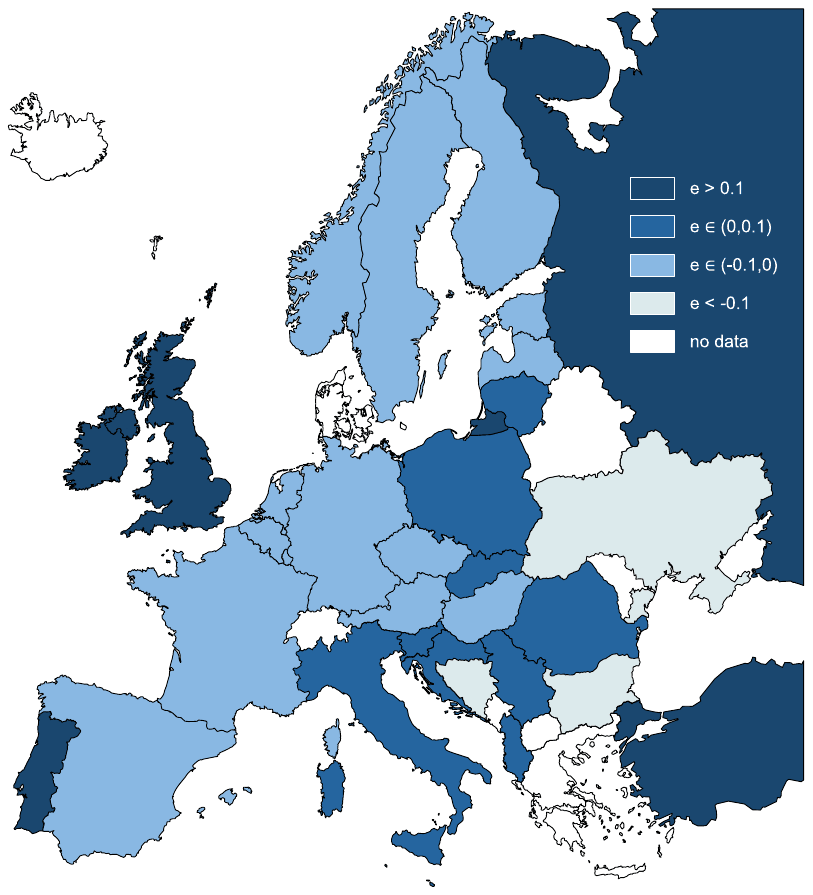 Figure 1. Country heterogeneity in the estimates of horizontal spillovers for Europe.