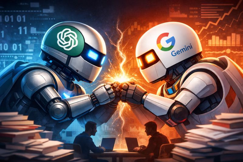 Ilustrace: dva roboti, jeden se znakem ChatGPT a druhý s logem Gemini, proti sobě zaráží pěsti a mezi nimi šlehají jiskry. Pod nimi sedí u notebooků dva lidé obklopení hromadami papírů, v pozadí grafy a binární kód.