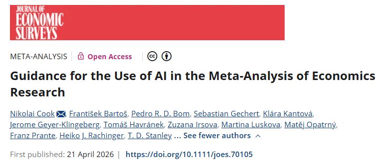 Journal of Economic Surveys article header, open access: “Guidance for the Use of AI in the Meta-Analysis of Economics Research”, by Nikolai Cook, František Bartoš, Pedro R. D. Bom, Sebastian Gechert, Klára Kantová, Jerome Geyer-Klingeberg, Tomáš Havránek, Zuzana Irsova, Martina Luskova, Matěj Opatrný, Franz Prante, Heiko J. Rachinger and T. D. Stanley. First published 21 April 2026.