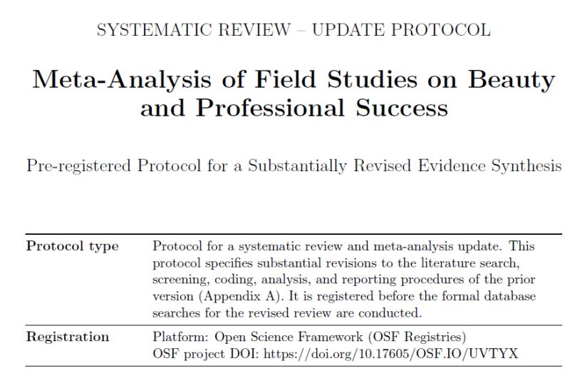 First page of a pre-registered protocol headed “Systematic review — update protocol: Meta-Analysis of Field Studies on Beauty and Professional Success”. A table gives the protocol type, describing substantial revisions to the literature search, screening, coding, analysis and reporting of the previous version, and records the registration on the Open Science Framework.