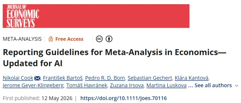 Journal of Economic Surveys article header, open access: “Reporting Guidelines for Meta-Analysis in Economics — Updated for AI”, by Nikolai Cook, František Bartoš, Pedro R. D. Bom, Sebastian Gechert, Klára Kantová, Jerome Geyer-Klingeberg, Tomáš Havránek, Zuzana Irsova, Martina Luskova and others. First published 12 May 2026.
