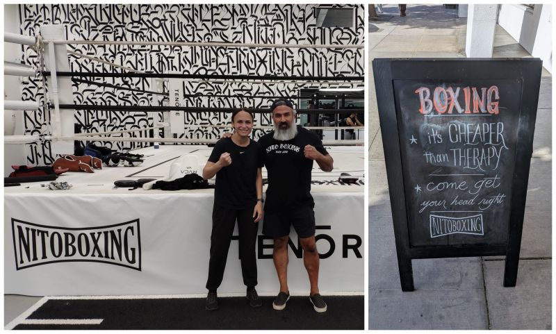 Two photographs from the Nitoboxing gym in Palo Alto: Zuzana Havránková standing with a trainer beside the ring, and the gym's chalkboard sign reading “Boxing — it's cheaper than therapy”.