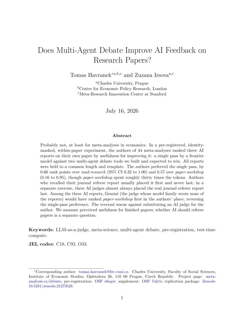Title page of the working paper “Does Multi-Agent Debate Improve AI Feedback on Research Papers?” by Tomas Havranek and Zuzana Irsova, dated 16 July 2026.