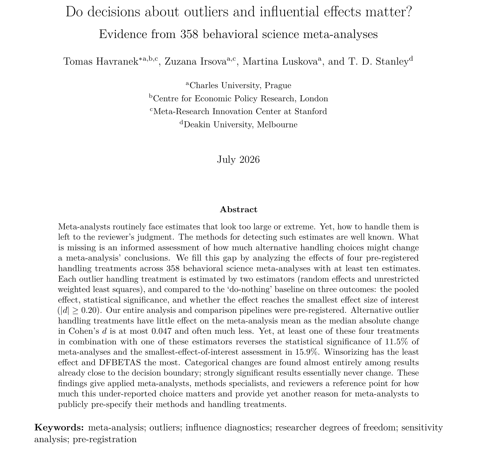 Title page of the working paper “Do decisions about outliers and influential effects matter? Evidence from 358 behavioral science meta-analyses” by Tomas Havranek, Zuzana Irsova, Martina Luskova and T. D. Stanley, dated July 2026, with the full abstract below the title.