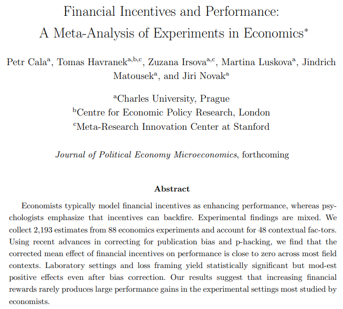 Title block and abstract of the paper “Financial Incentives and Performance: A Meta-Analysis of Experiments in Economics” by Petr Cala, Tomas Havranek, Zuzana Irsova, Martina Luskova, Jindrich Matousek and Jiri Novak, in the Journal of Political Economy Microeconomics.