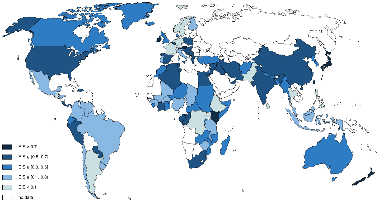 Figure 2. Country heterogeneity in the elasticity of intertemporal substitution. Notes: for each country the figure depicts the mean estimate of the EIS reported in the literature; numerical values are provided in Table A1. Estimates larger than 10 in absolute value are excluded.